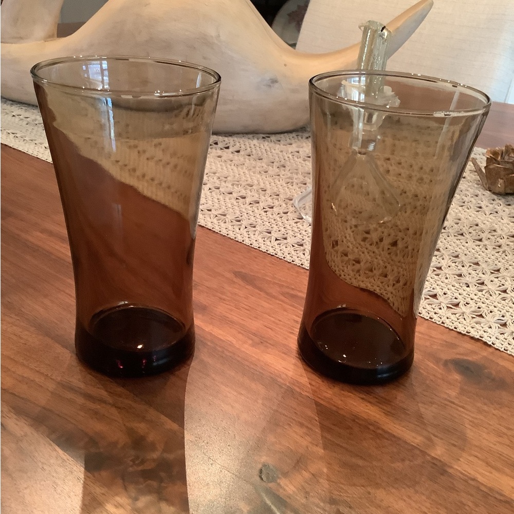 Two vintage spicy brown 6 inch glasses